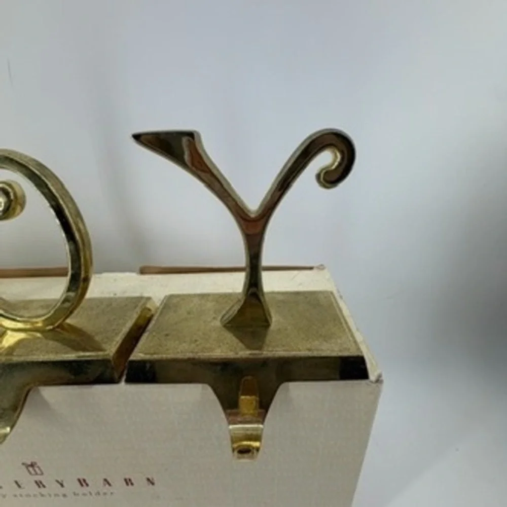 Pottery Barn JOY Stocking Holder Set Gold Tone Metal Weighted Mantel Decor 3pc